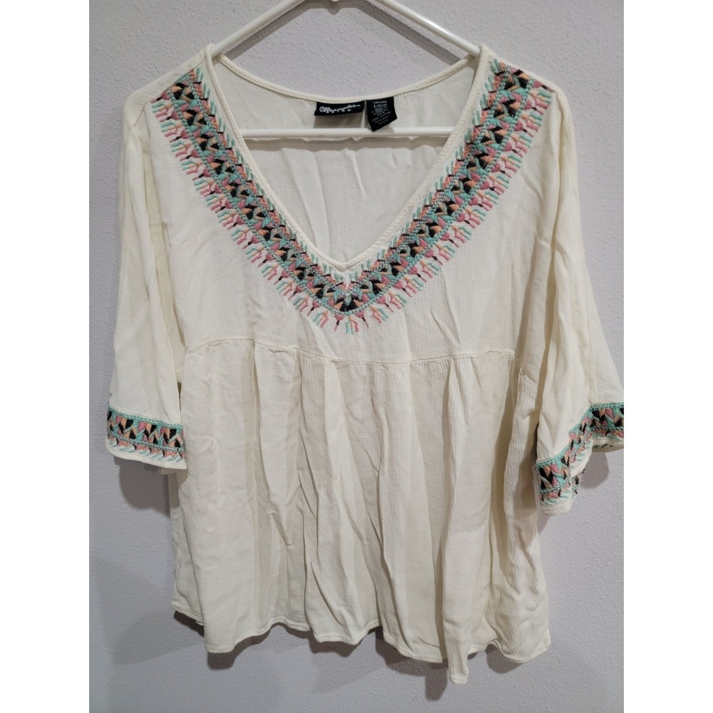 Wrangler Retro Peasant Tunic Top Womens L Cream Aztec Embroidered Boho V-Neck